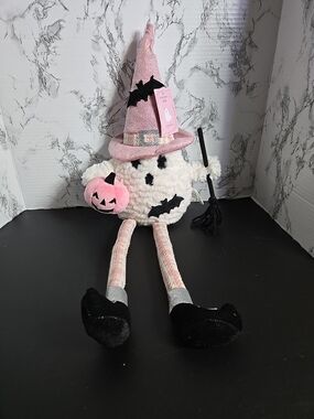 Glamorous Pink and White Plush Halloween Witch Doll with Bat & Pumpkin